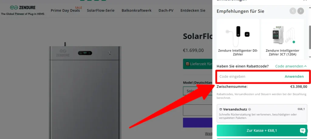 Zendure Rabattcode im Warenkorb eingeben und beim Kauf sparen